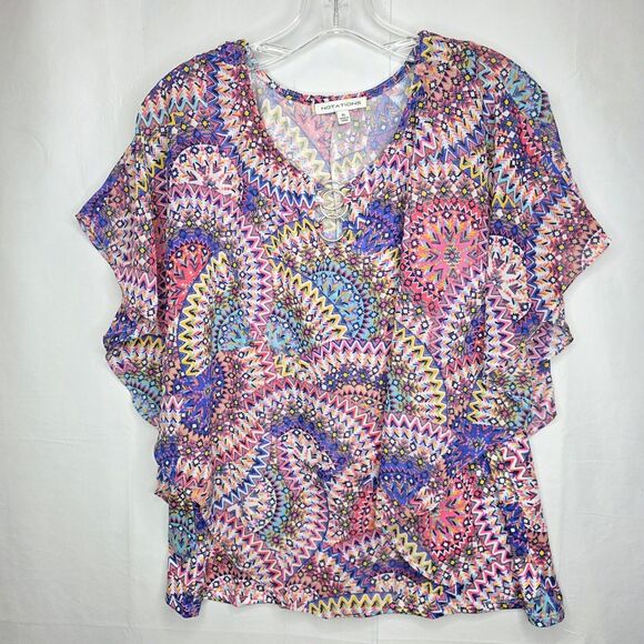 NOTATIONS Tiered Ruffle Front XL Short Flutter Sleeve Slinky Stretch Knit Top - Picture 1 of 11